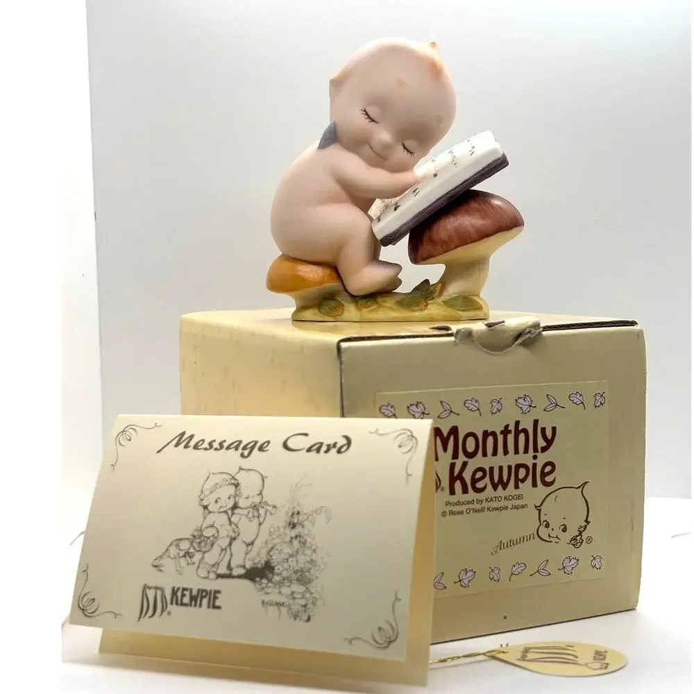 VTG Kato Kogei Rose O'Neill Monthly Kewpie Doll w/Book Sitting on Mushrooms, Box
